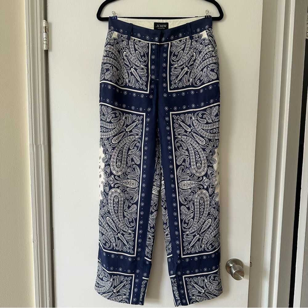 J. Crew Navy and White Paisley Straight-Leg Pants
